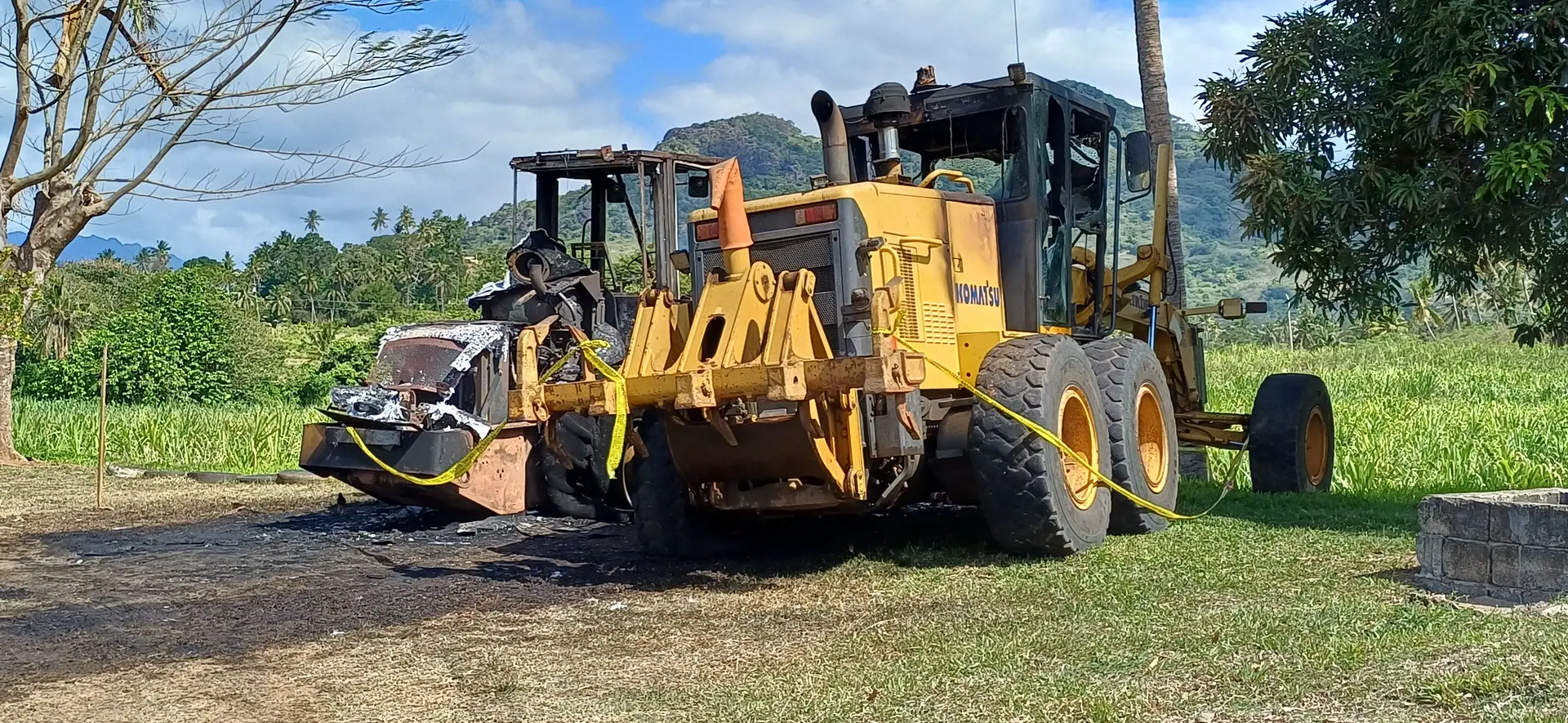 Burnt machinery at Batinikama, Labasa, following the suspected arson attack on October 2, 2025.