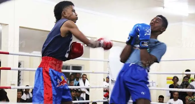 Ilisoni Tegu (left) and Joape Nailumu during the Monday Night Fight at the Stanley Brown Gym in Suva on July 20. Photo: Sereana Salalo