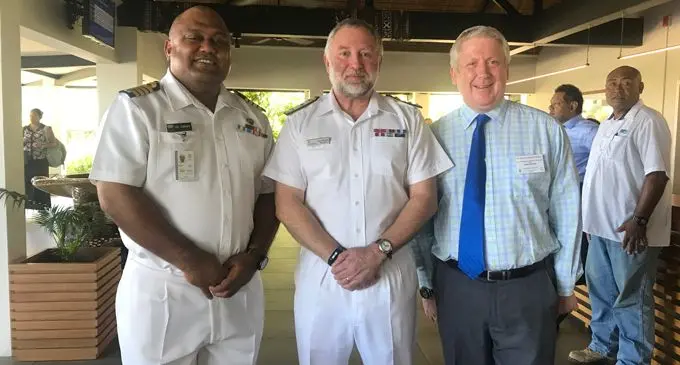 From left: Republic of Fiji Navy Chief Commander Captain (Navy) Humphrey Tawake, with United Kingdom Hydrographic Office  National Hydrographer Rear Admiral Tim Lowe, and United Kingdom Head of International Partnering (Asia Pacific) Jamie  McMichael -Philips at the 15th South West Pacific Hydrographic Commission Conference at the Tokatoka Resort in Nadi  on February 21, 2018. Photo: Arieta Vakasukawaqa.