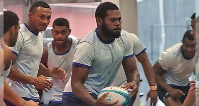 Swire Shipping Fijian Drua lock forward Chris Minimbi (with ball) during training behind him are Vilive Miramira, Peni Matawalu. Photo: Fijian Drua.