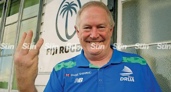 Fijian Drua CEO, Brian Thorburn flashes "W" to mark their first win outside Fiji Rugby Union house. Photo: Ronald Kumar.