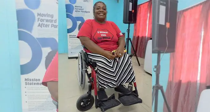 Recipient of donated wheelchair, Akanisi Latu at the National Councils for Persons with Disability Complex in Suva on April 8, 2022. Photo: Sheenal Charan