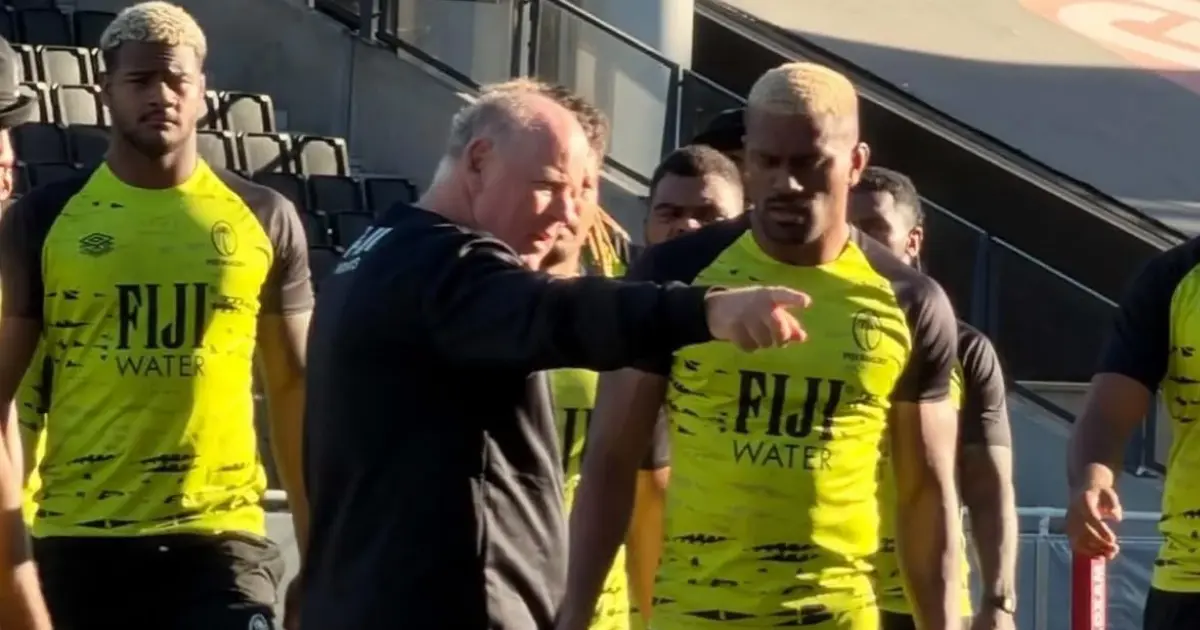 Flying Fijians head coach Jakes White shows Jiuta Wainiqolo