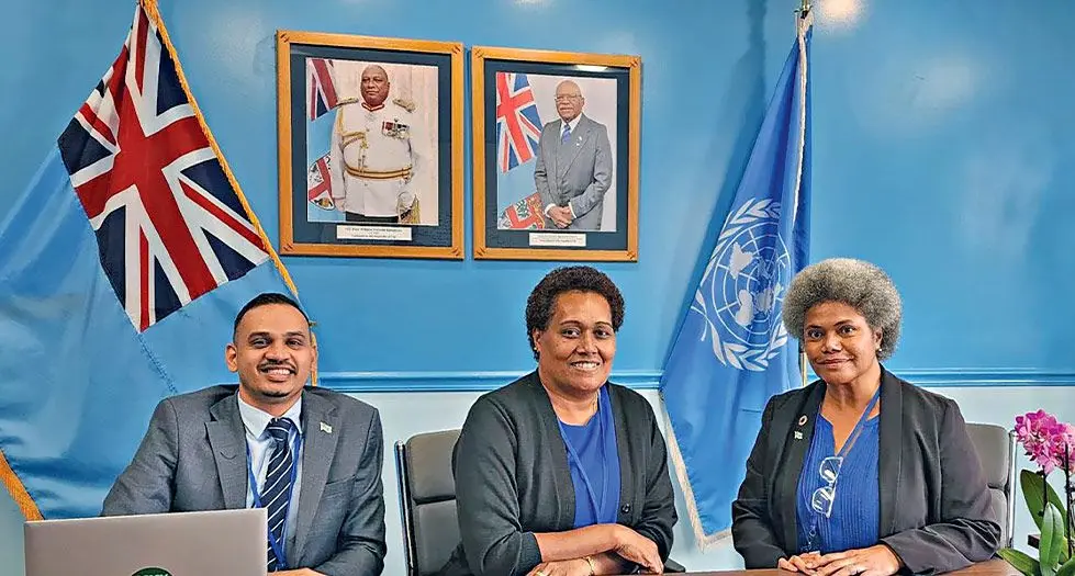 From left: Permanent Secretary for Environment and Climate Change Sivendra Michael, the Official Secretary at the Office of the President, Kiti Temo and the Assistant Minister for Foreign Affairs, Lenora Qereqeretabua at a recent meeting at Fiji’s Permanent Mission in New York, USA.