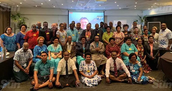 Members of SODELPA with acting president Vijay Singh seen on Zoom on screen at the Holiday Inn, Suva on May 23, 2020. Photo: Fonua Talei
