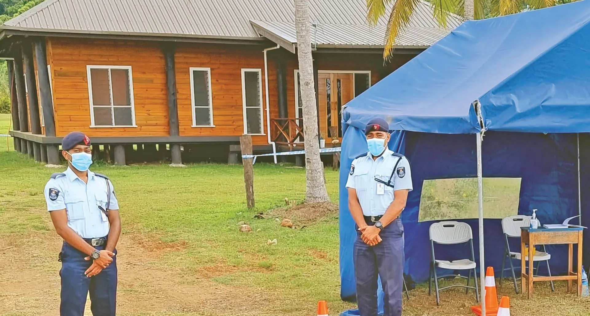 Police officers Mohammad Rasasa and Sairusi Kolinisau manning the President elect Ratu Wiliame Katonivere’s residence at Naduri Village in Macuata on October 24, 2021. Photo: Sampras Anand 