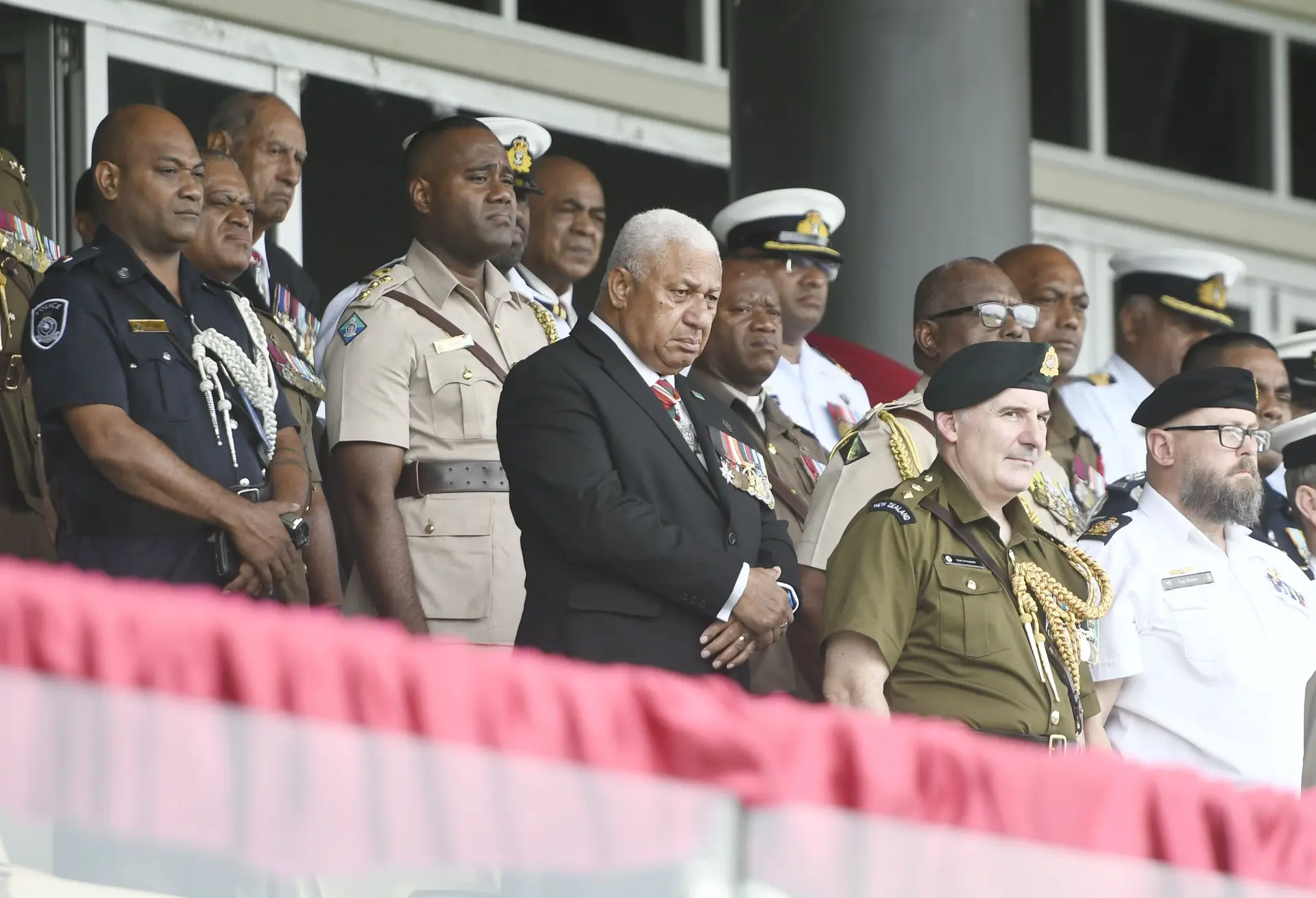 Former Prime Minister and RFMF Commander Voreqe Bainimarama (front, first from left),  during the commemoration of the return of the First Battalion, Fiji Infantry Regiment, from the UNAMI parade at Albert Park in Suva on December 22, 2025.