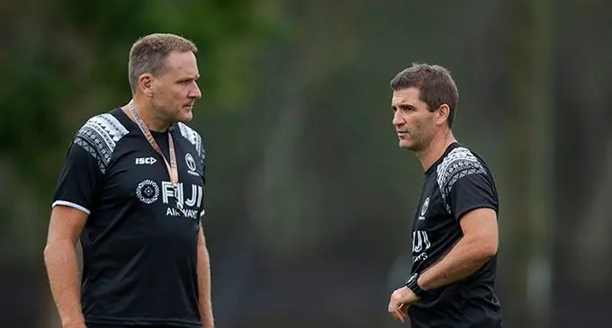 From left; Fiji Airways Fijian 7s assistant coach Brad Harris and head coach Gareth Baber on January 24, 2020.  Photo: Bruce Southwick/ Zoom Fiji