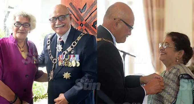 Left-right: Lorine Tevi with President Major-General (Ret’d) Jioji Konrote and Noor Jahan Begum receiving the 50th Anniversary of Independence commemorative medal from President Major-General (Ret’d) Jioji Konrote. Photos: Ronald Kumar 