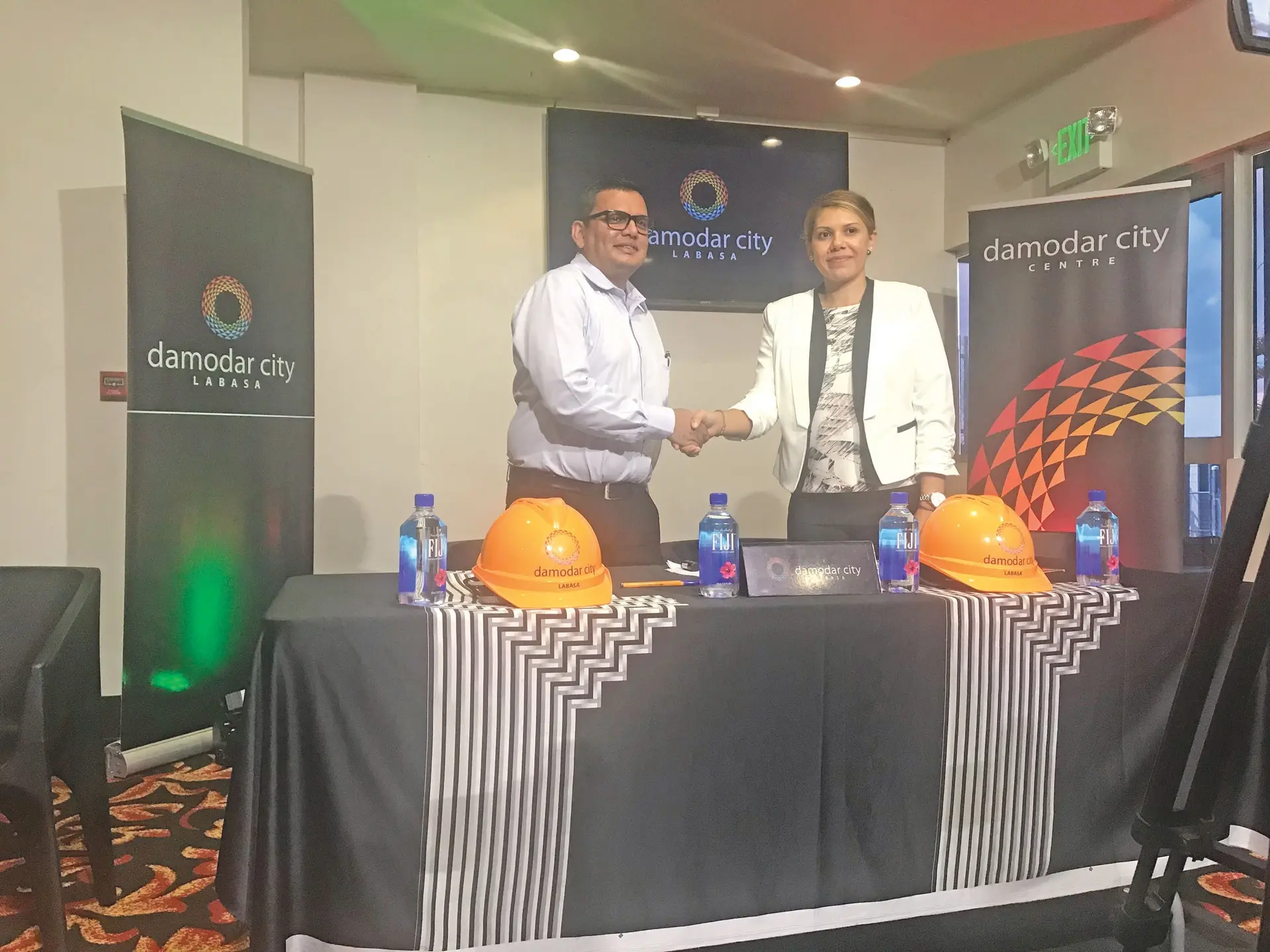 Damodar Group chief executive officer, Div Damodar with  Natasha Jaduram, Director of Paul Jaduram Investments Limited, after the memorandum of understanding  for the development of a four star Hotel at the Damodar City Labasa complex on May 10, 2018.  Photo: Maraia Vula