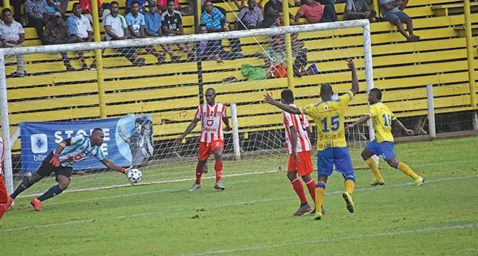Labasa goalkeeper Akuila Mateisuva save a shot from Nadroga’s Gerard Voi at Subrail Park,Labasa on March 27,2021.Labasa won 1-0. Photo: Sampras Anand