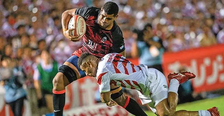 Japan’s Jone Naikabula (right) tries to tackle FIJI Water Flying Fijians number 8 Meli Derenalagi during the international rugby union match at the Prince Chichibu Memorial Rugby ground in Tokyo, Japan on August 5, 2023.Photo: Philip FONG / AFP