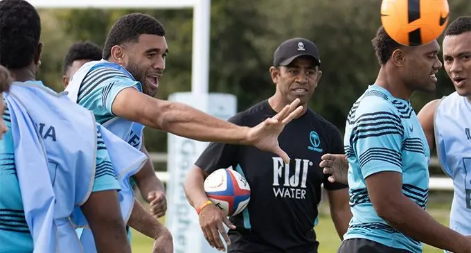 Fiji Water Flying Fijians Strength and Conditioning Coach, Naca Cawanibuka with the players during training in France in preparation for the World Cup. Photo: FRU Media