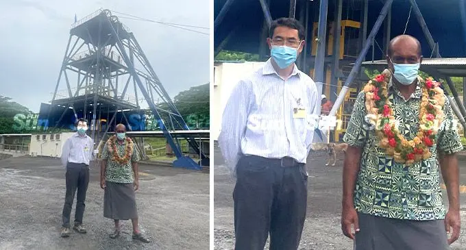 Vatukoula Gold Mines chairperson and Visiting director Yiangbin He and Minister for Lands and Mineral Resources Jone Usamate in front of the Dolphin Shaft structure at Vatukoula Gold Mines PLC in Tavua on March 3, 2022. Photo: Maraia Vula.