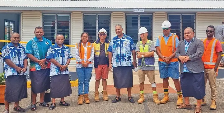 Minister for Rural, Maritime Development and Disaster Management, Sakiasi Ditoka (sixth from left), with ministry staff and members of the Pacific Building Solutions (PBS) team for an update of progress of works during his tour of the North on February 28, 2025. Photo: Sampras Anand