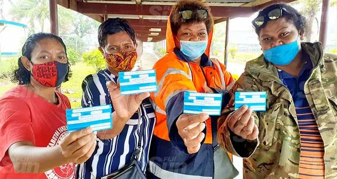 Beqa Island based Sawau District School teachers, Radilaite Turaga, Giria Turaga, Luisa Nunakoro and Ioana Talebula after having their first jab of AstraZeneca vaccine in Navua on July 10, 2021. Photo: Ronald Kumar