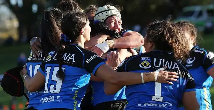 Western Force women rugby players celebrate after their upset 23-10 win over the Rooster Chicken Fijiana Drua in their Super W clash at the University of Western Australia (UWA) Park in Perth, Australia, on April 16, 2023. Photo: Rugby.com.au