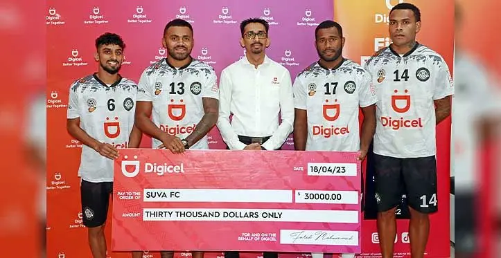 Suva football reps (from left) Ramzan Khan, Bruce Hughes, Digicel Fiji chief executive officer Farid Mohammed, Filipe Baravilala and Alex Saniel at the Digicel Fiji outlet at TappooCity in Suva on April 18, 2023. Photo: Fiji FA Media