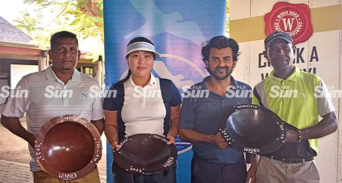 From left; Amateur winner Abid Hussein, Ladies winner Bella Cho, Tappoo’s managing director Kaushal Tappoo and professional winner Anasa Seruvatu wih their spoils at the 2022 Woodstock Pro- Am at the Denarau Golf and Racquet Club on May 7, 2022. Photo: Waisea Nasokia
