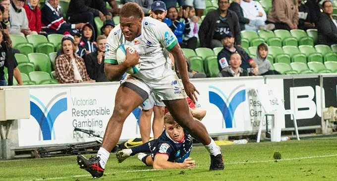 Swire Shipping Fijian Drua hooker Tevita Ikanivere on his way to score a try against the Rebels in their Super Rugby Pacific clash at AAMI Park in Melbourne, Australia, on March 25, 2022. Photo: Kumar’s Media.