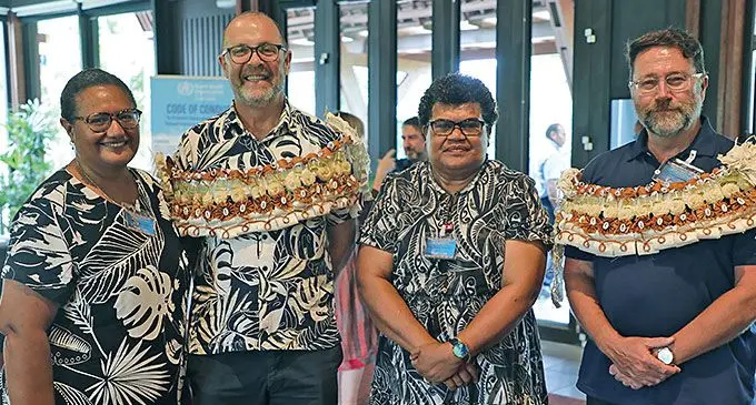 UNICEF Pacific Representative Mr Jonathan Veitch (second from left), with participants at the 13th Pacific Immunisation Managers Meeting at the Shangri-La Yanuca Island, Fiji in Sigatoka on November 25, 2024.
