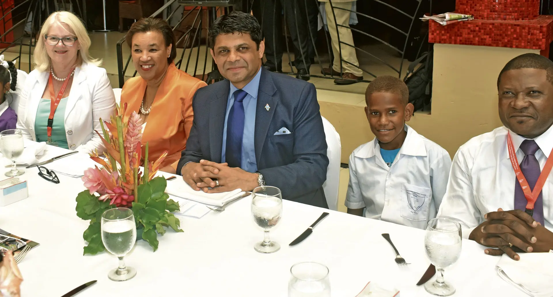 COP23 Climate Champions Shalvi Shakshi, Assistant Minister for Vocational Education and Skills Karen Andrews, Secretary-General of the Commonwealth Baroness Patricia Scotland, Attorney General Aiyaz Sayed-Khaiyum, Timoci Naulusala and Cameroon Minister of Secondary Education, Ngalle Bibehe Massena during th Big Lunch event at the Feast restaurant in Denarau. Photo: WAISEA NASOKIA