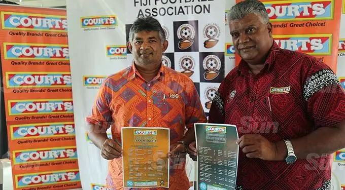 From left: Courts Director Marketing, Anil Senewiratne and Fiji Football Association CEO, Mohammed Yusuf, during the announcement of the Courts Inter District Championship fixtures at Fiji FA headquarters in Vatuwaqa on September, 29, 2020. Photo: Sereana Salalo
