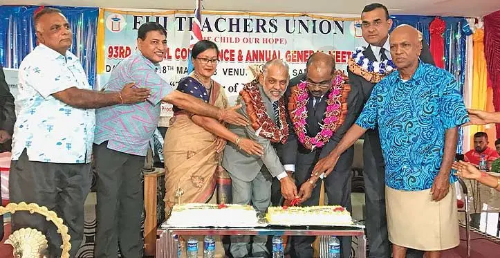 Minister for Employment, Productivity and Industrial Relations Agni Deo Singh (middle) with stakeholders during the Fiji Teachers Union 93rd annual conference and annual general meeting in Labasa on May 16, 2023. Photo: Shratika Naidu