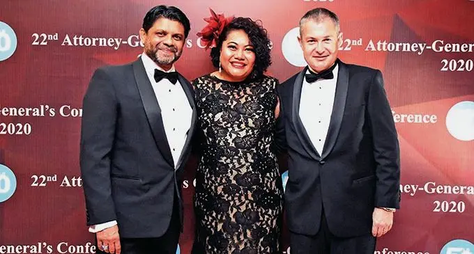 Attorney-General Aiyaz Sayed-Khaiyum (left), with New Zealand High Commissioner to Fiji Jonathan Curr (right), and his wife Fololeni Curr at the InterContinental Fiji Golf Resort and Spa on December 4, 2020.  Photo: DEPTFO News