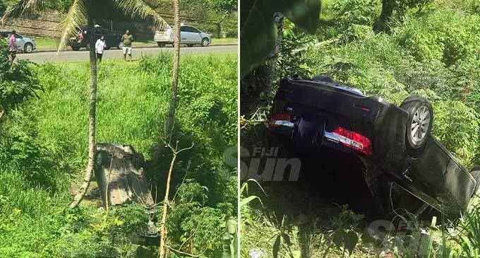 The black Toyota Camry with three people inside allegedly took an unexpected turn and went down the slope. Photo: Kelera Sovasiga