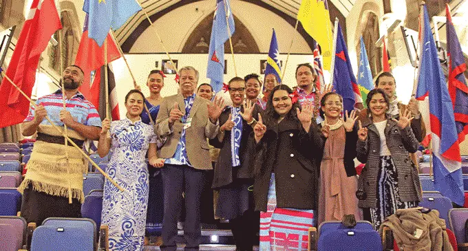 Pacific Islands Forum Secretary-General Henry Puna, Commonwealth Secretary-General Patricia Scotland and Pacific Climate Warriors during the Ocean High Level Ocean Mana to One Blue Planet organised by the Office of the Pacific Ocean Commissioner on November 4, 2021 at the University of Glasgow’s, Sir Charles Wilson Building during COP26..Photo: Rosi Doviverata