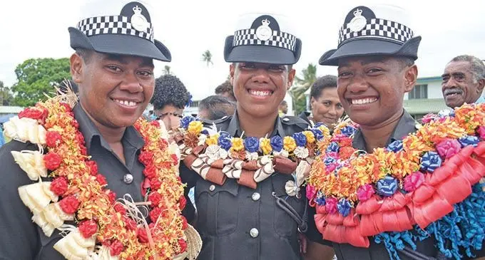 It was a dream come true for these three cousins, (from left:) Ilisapeci Tobeyaweni, Miliame Qasi and Alena Caginitoba at the Police passing out parade at the Nasova Police Academy on October 18, 2019. Photo: Ronald Kumar