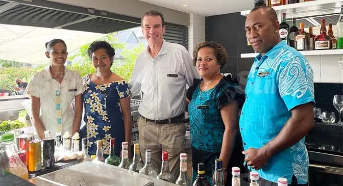 From left: InterContinental Fiji Golf Resort and Spa staff members at Shayal Swatika, Iva Ligaiula, Area General Manager South Pacific Lachlan Walker, Josephine Agnes and Paula Gavidi at the Toba Restaurant on April 3, 2021. Photo: Maraia Vula