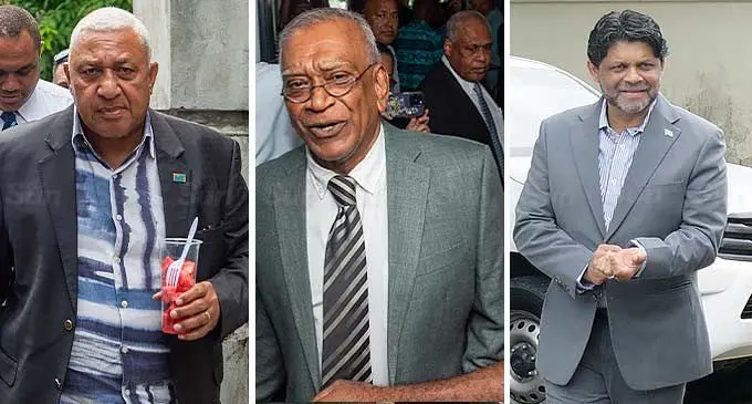 From left: Former Prime Minister, Voreqe Bainimarama, former Minister for Health, Neil Sharma and former Attorney- General, Aiyaz Sayed-Khaiyum. Photos: Leon Lord/Ronald Kumar