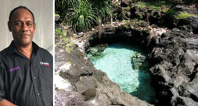 Dragon Music sound technician, Josefa Tuberi and a waterhole on the island of Rotuma.