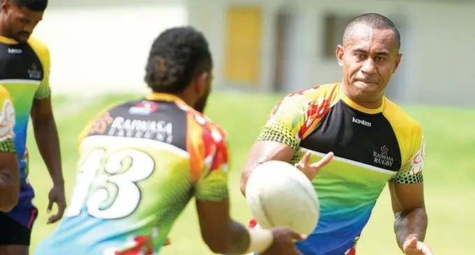 Seveci Nakailagi (right) training for the Raiwasa sevens team at Ram Lakhan Park, Samabula on November 9, 2021. Raiwasa is currently third on the series table. The final leg will be played at ANZ Stadium on Friday and Saturday. Photo: Ronald Kumar