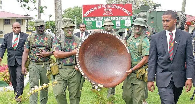 Republic of Fiji Military Forces (RFMF) 3FIR unit personnel brought the Sukuna Bowl to Queen Elizabeth Barracks  during Sukuna Bowl Challenge launch on November 18, 2020. Photo: Ronald Kumar