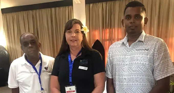 From left Construction Industry Council treasurer Chandar Bala, APTC Vocational Training manager Laura Thomas with Investment Fiji chief executive officer, Kamal Chetty was chief guest at the official launch of the 2022 CIC annual conference and trade  show, at Warwick Fiji. The conference proper begins today, and ends tomorrow. Photo: Frederica Elbourne