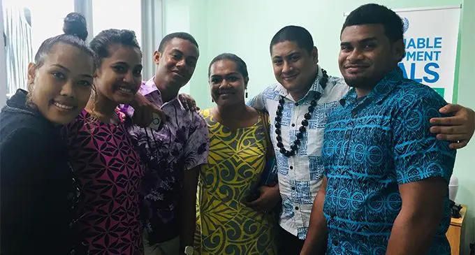 From left to right - Kelesita Lawanawasawasakomoala, Vani Tosokiwai, Isikeli Baravilala, Alanieta Mataitoga, Broderick Mervyn and Eremasi Narawa at the USP-UNDP Innovation Hub  