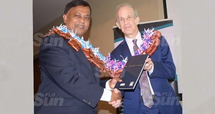 Acting Chief Justice Kamal Kumar and UNICEF Representative Sheldon Yett while launching the Bench Book on Children at the Grand Pacific Hotel on March 31, 2021. Photo: Ronald Kumar