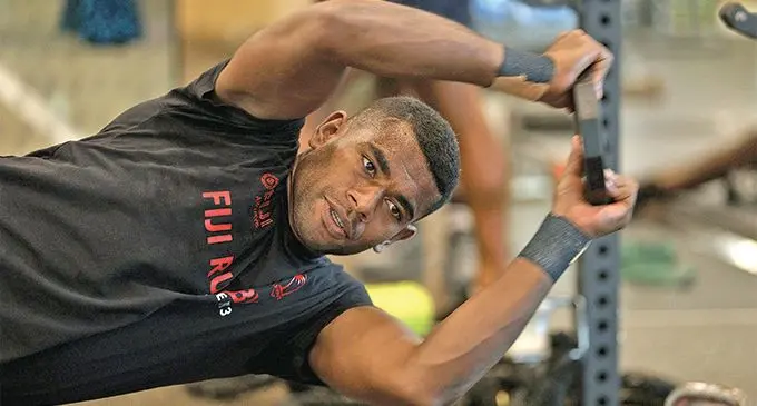 Fiji Airways Fijian 7s forward Apenisa Cakaubalavu during their gym session in Hong Kong on April 4, 2019. Photo: Bruce Southwick/ZoomFiji