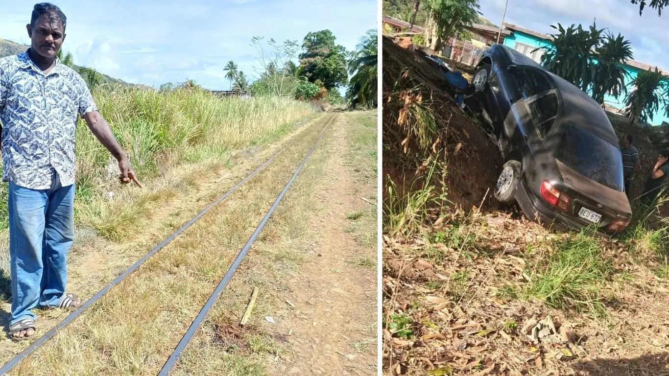 Left: A relative, Deo Lingam Pillay, pointing to the accident scene in Labasa on August 17, 2026. Inset: The deceased’s vehicle found at Vuo in Labasa.