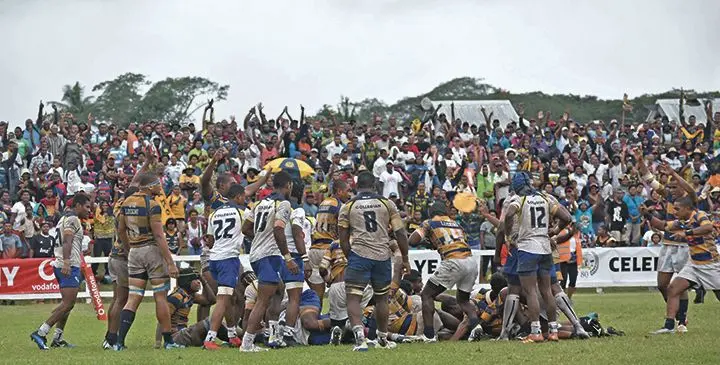 THE WINNING TRY... Ratu Kadavulevu School U18 players and fans celebrate Jone Senikarawa’s try as they fought back to win 28-24 the Vodafone Super Deans U18 semi-final at Lawaqa Park, Sigatoka.