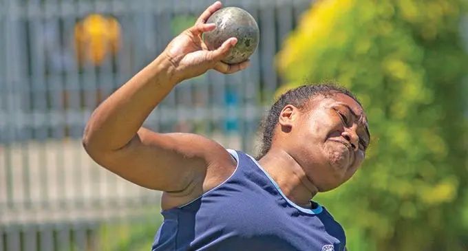 Karalini Bui of Noco Secondary School participates in the senior gilrs shot put during the Nakasi, Noco, Davuilevu combined inter-house at the ANZ National Stadium, Suva on  Febuary 15, 2021. Photo: Leon Lord