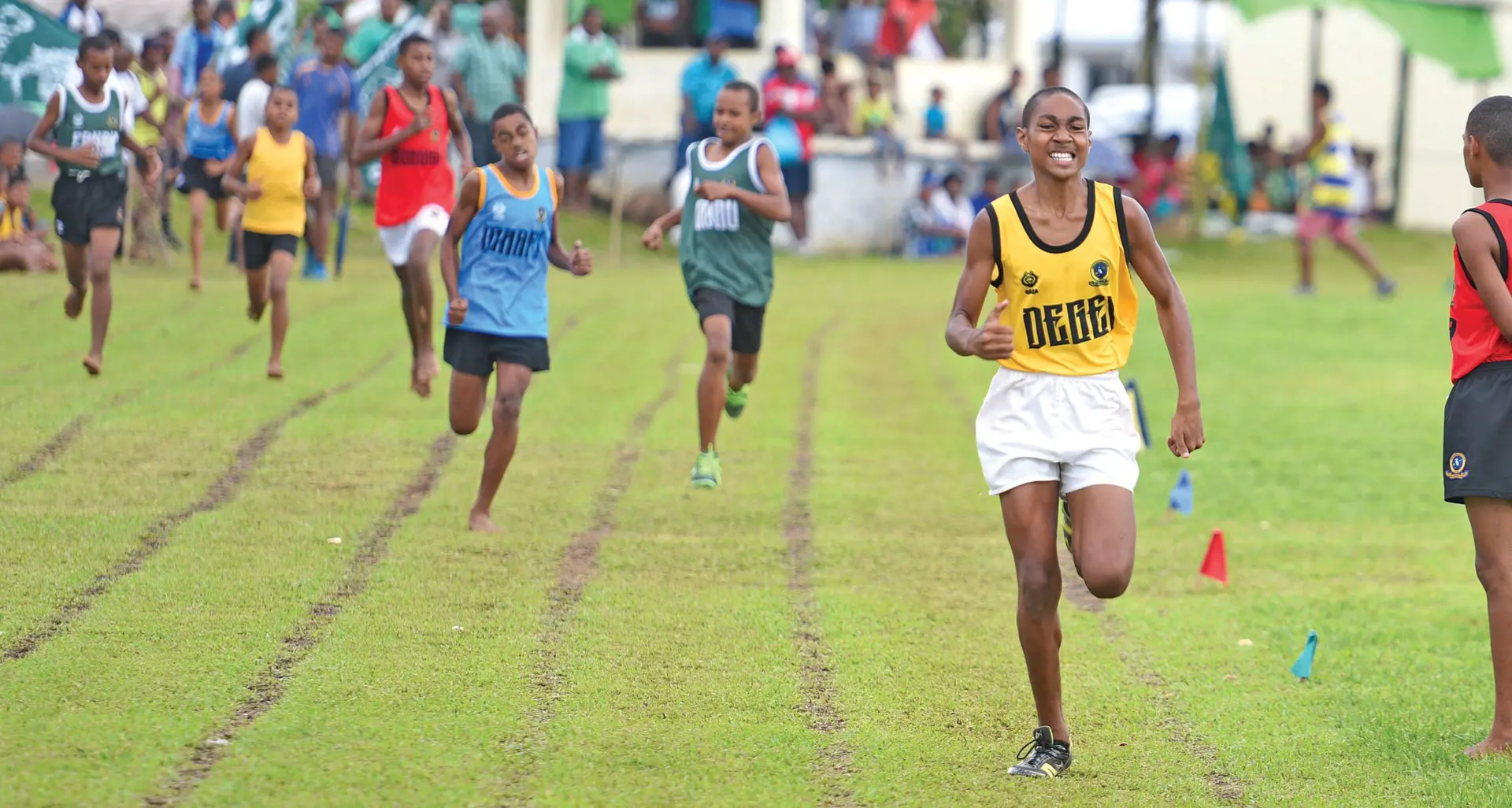 Verenava Murimuriwalu (right) smiles as he took out Ratu Kadavulevu School inter-house sub-boys 400meters in Lodoni on February 2018. Photo: Ronald Kumar.