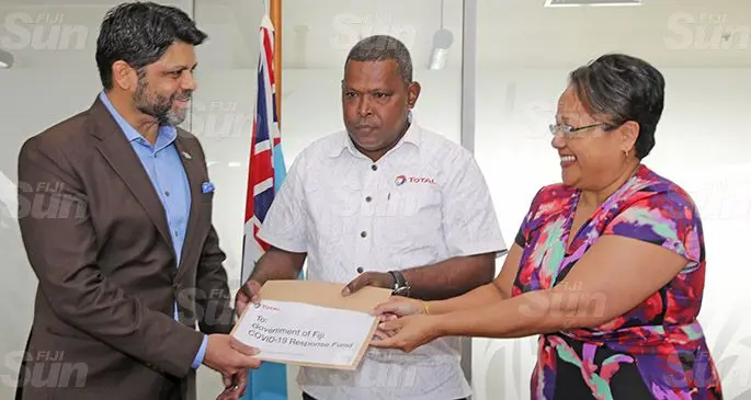 From left: Attorney-General Aiyaz Sayed-Khaiyum , Total Fiji Limited chairperson Risiate Daulako and Total Fiji Limited vice president human resources Susan Miller during a presentation at the Ro Lalabalavu House on May 7, 2020. Photo: Susana Tuilau.
