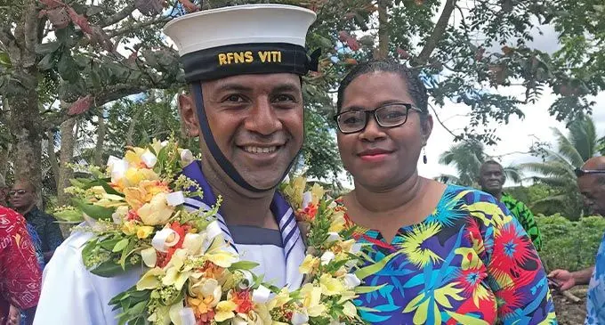 Republic of Fiji Military Forces (RFMF) Naval Division ordinary seaman Nakuaivalu Tuwai with his wife Jimaima Tuwai on November 18, 2022. Photo: Nacanieli Tuilevuka
