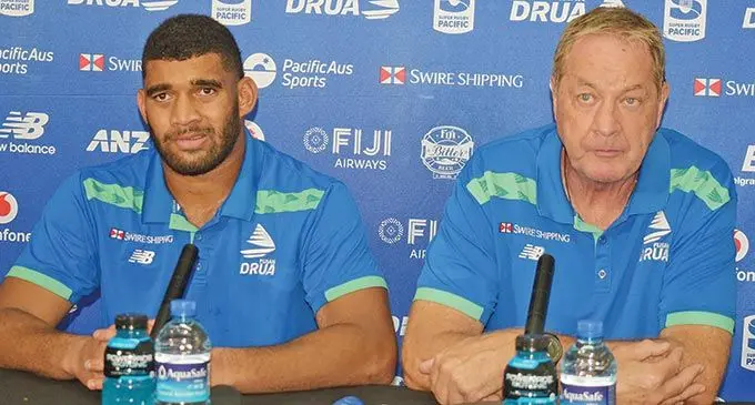 Swire Shipping Fijian Drua captain Meli Derenalagi (left) and head coach Mick Byrne during the press conference at the ANZ Stadium, Suva, on April 30, 2022 Photo: Ronald Kumar.