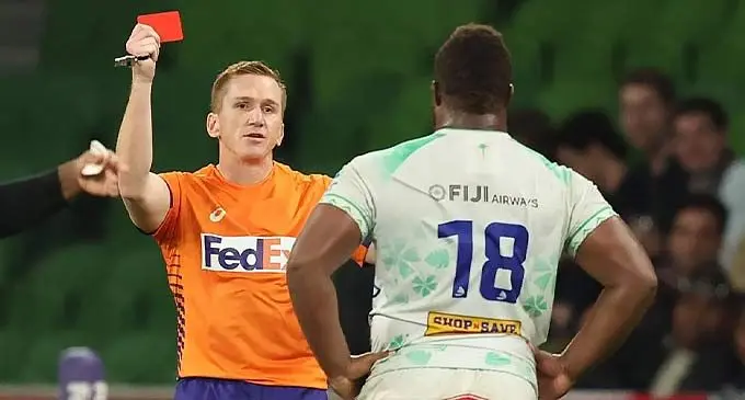 Referee Damon Murphy dishes the red card on Fijian Drua prop Jone Koroiduadua at the AAMI Park in Melbourne, Australia, on April 5, 2024. Photo: Stuff.  