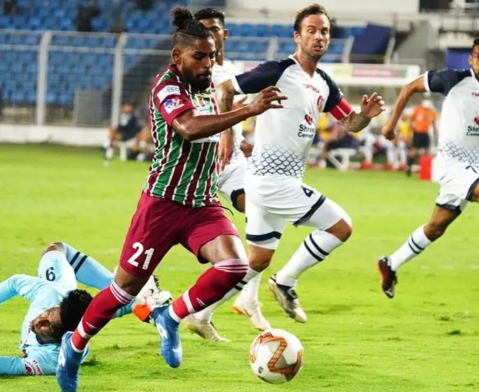 Roy Krishna on his way to score the first goal against SC East Bengal during the Kolkata derby of the Indian Super League at the Fatorda Stadium in Margao, Goa in India on February 19, 2021. Photo: ATKMB